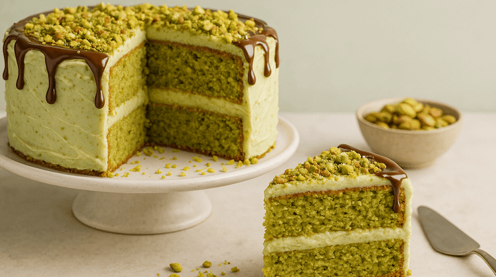 Two-Layer Pistachio Cake Recipe UK (with Cream Cheese Frosting & Chocolate Drizzle)