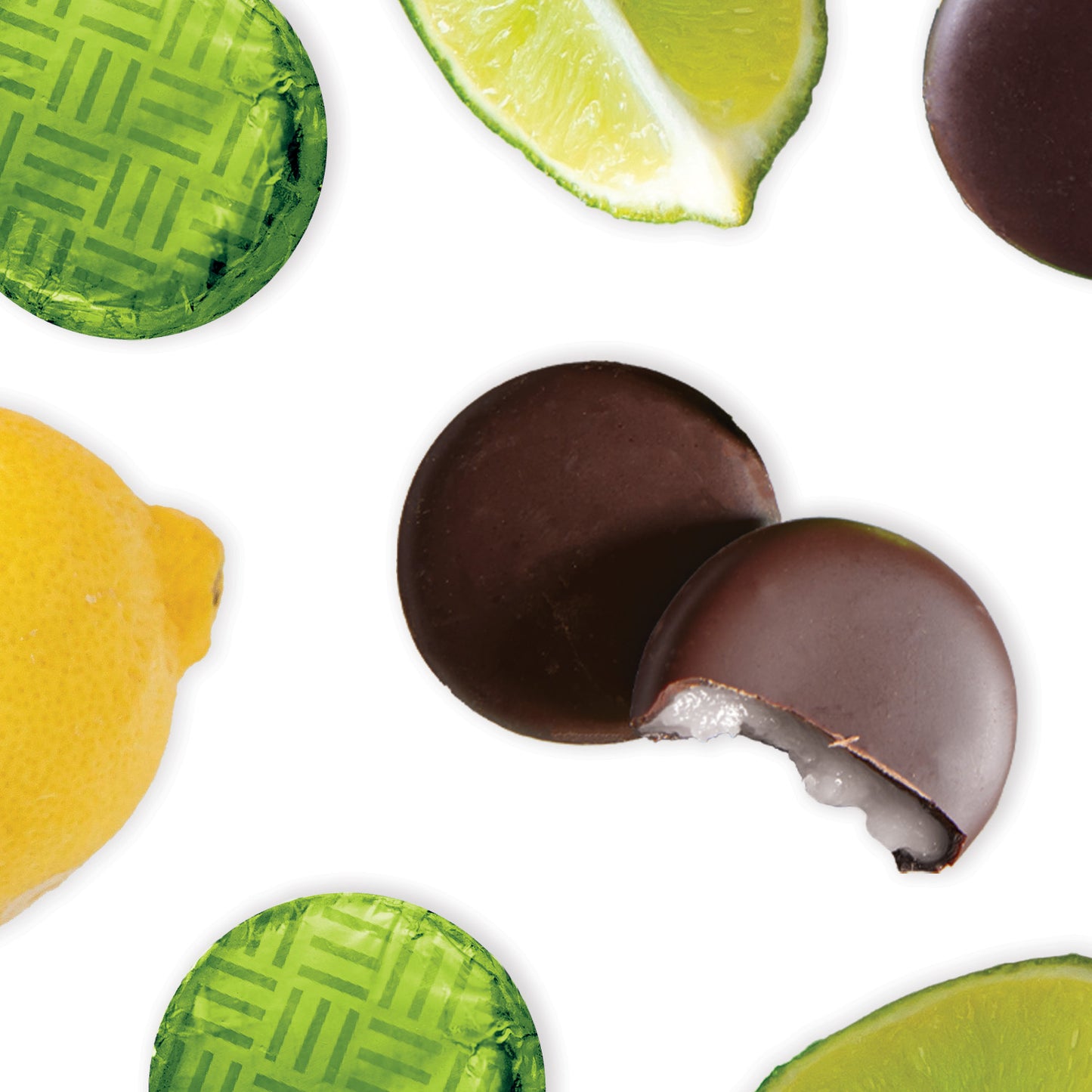 Lime green foiled dark chocolate lemon/lime flavoured fondant creams packed in bulk 2kg catering boxes