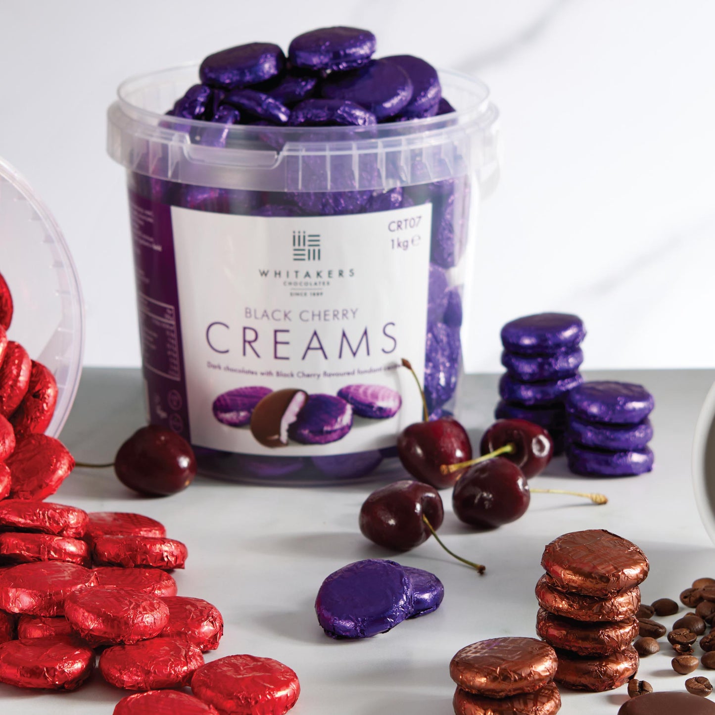 purple foiled dark chocolate black cherry cream bulk 1kg tubs