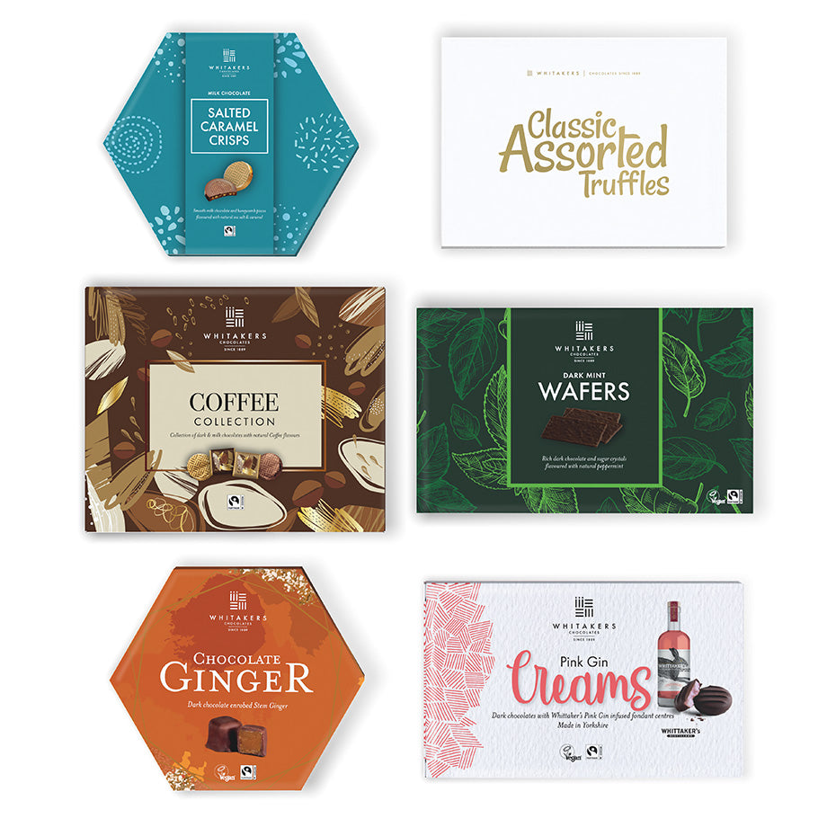 Luxury Tote bag 'Whitakers' chocolate mint lovers hamper filled with milk salted caramel honeycomb crisps, dark mint wafer thins, milk and dark chocolate coffee collection, assorted truffles gift box, dark chocolate pink gin fondant creams and dark chocolate gingers.