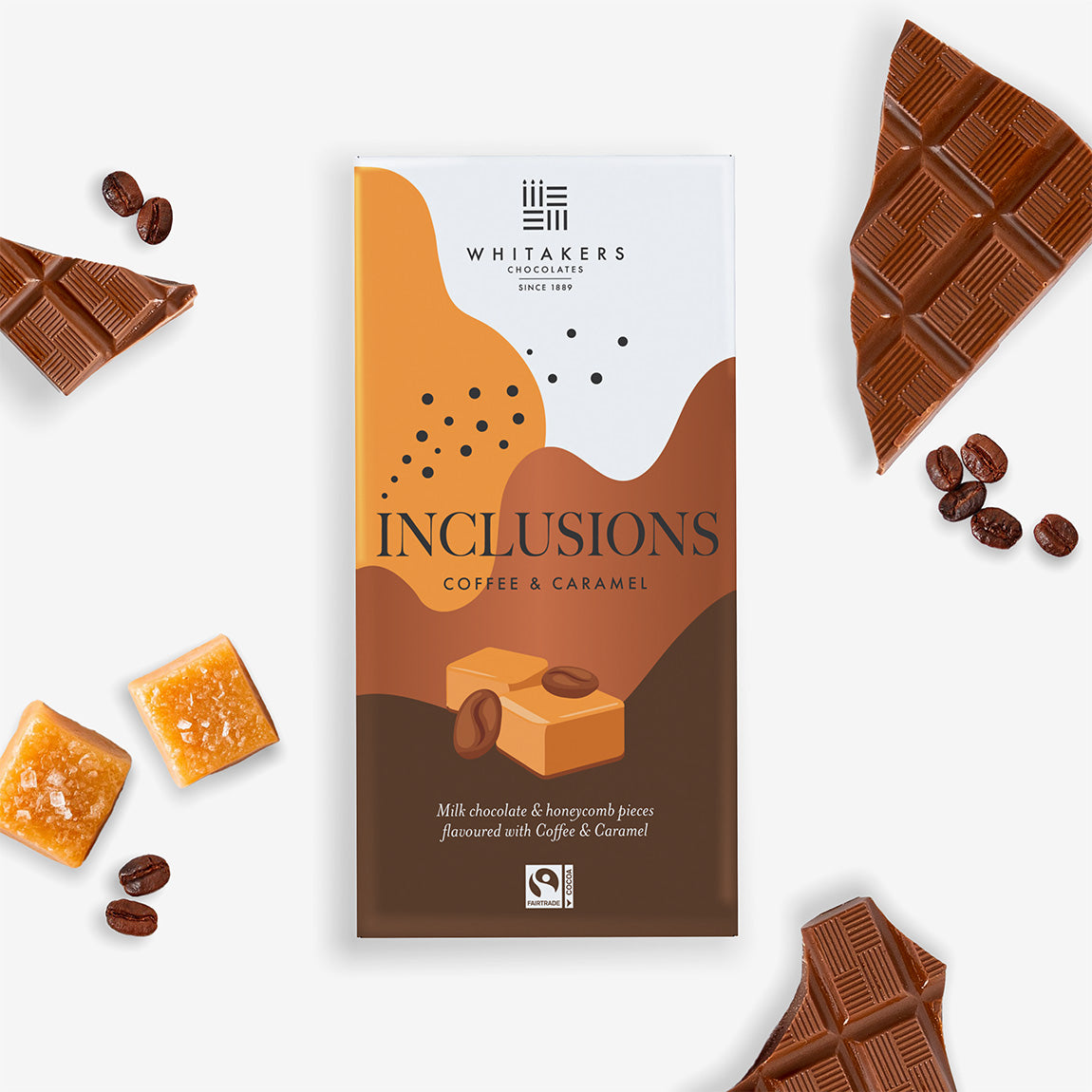 a luxurious 90g Milk Chocolate indulgence, masterfully flavoured with natural coffee and caramel, and filled with the satisfying crunch of honeycomb pieces. Wrapped in our distinctive paper packaging, this bar is a visual and sensory delight, perfectly encapsulating Whitakers commitment to innovation and quality
