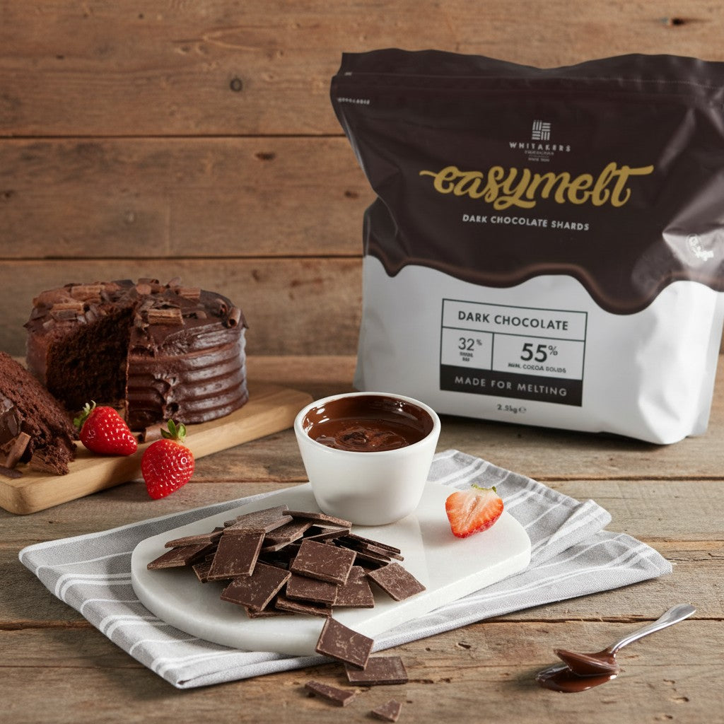 Bag of Whitakers EasyMelt dark chocolate shards with chocolate cake, strawberries, and a bowl of melted chocolate on a wooden surface.