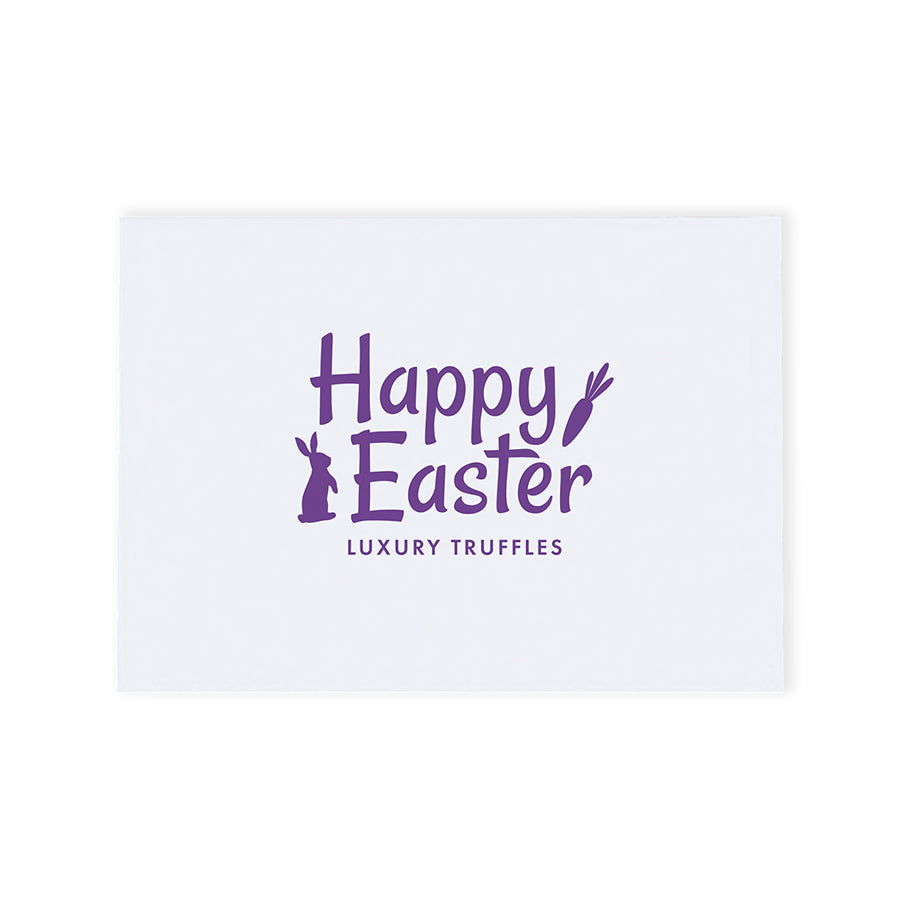 Happy Easter themed white gift box with purple text and bunny images, filled with luxury assorted chocolate truffles