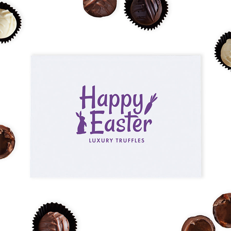 Happy Easter themed white gift box with purple text and bunny images, filled with luxury assorted chocolate truffles