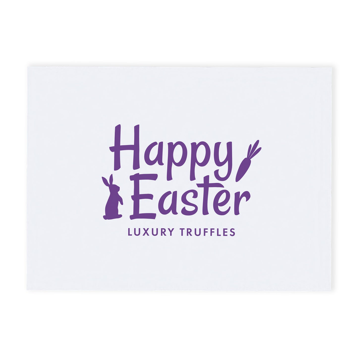 Happy Easter themed white gift box with purple text and bunny images, filled with luxury assorted chocolate truffles
