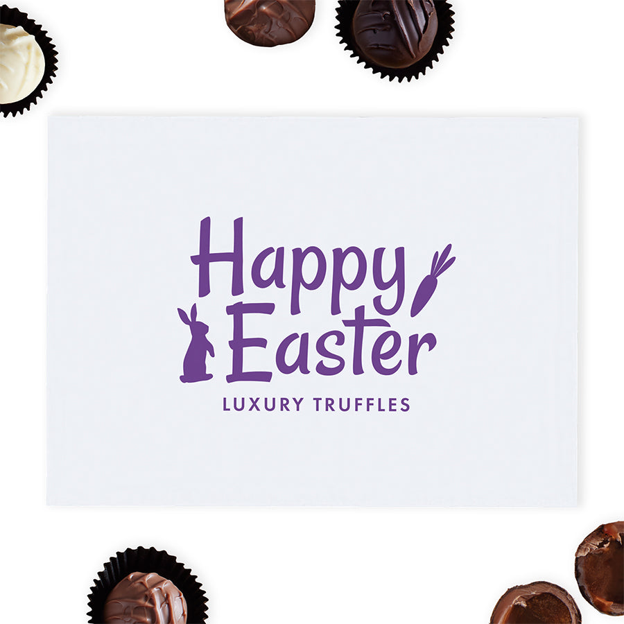Happy Easter themed white gift box with purple text and bunny images, filled with luxury assorted chocolate truffles