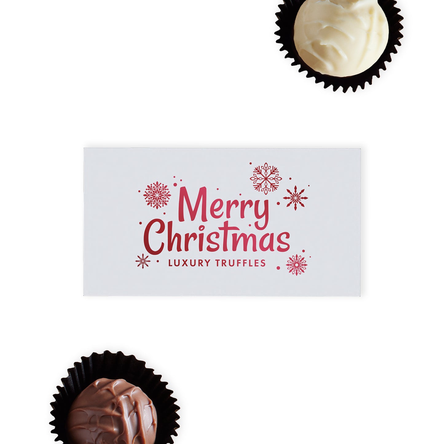 This exquisite white gloss box is beautifully adorned with "Merry Christmas" and delicate snowflakes in radiant red foil blocking, creating a stunning visual appeal that captures the spirit of the holidays. Inside the box, discover two hand-finished chocolate truffles, one crafted from rich milk chocolate and the other from velvety white chocolate