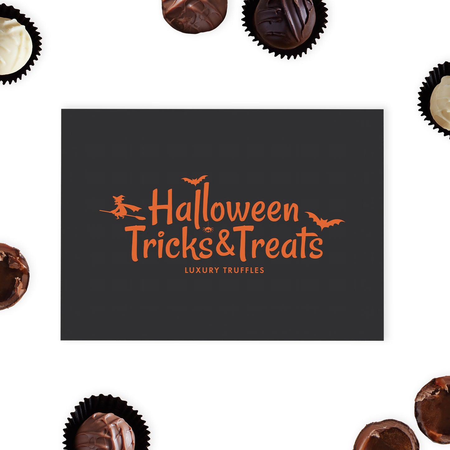Embrace the spooky spirit of Halloween with Whitakers Chocolates' "Trick or Treat" 8 Chocolate Truffle Gift Box, a perfect mix of indulgence and eerie delight. This striking black gloss box is captivatingly adorned with "Trick or Treat" and playful graphics in vibrant orange foil blocking, creating a hauntingly beautiful presentation that captures the essence of Halloween.