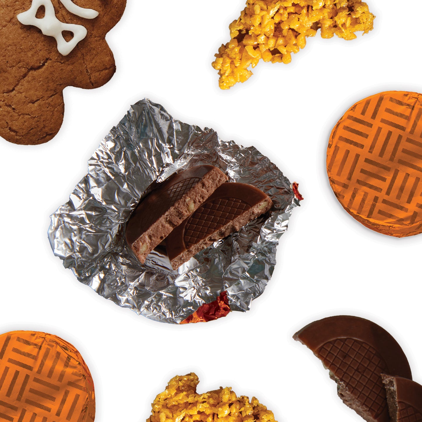 Dark Gingerbread Chocolate Crisps. Beautifully encased in rich orange foil, each of the 128 individually wrapped chocolates in our generous bulk tub