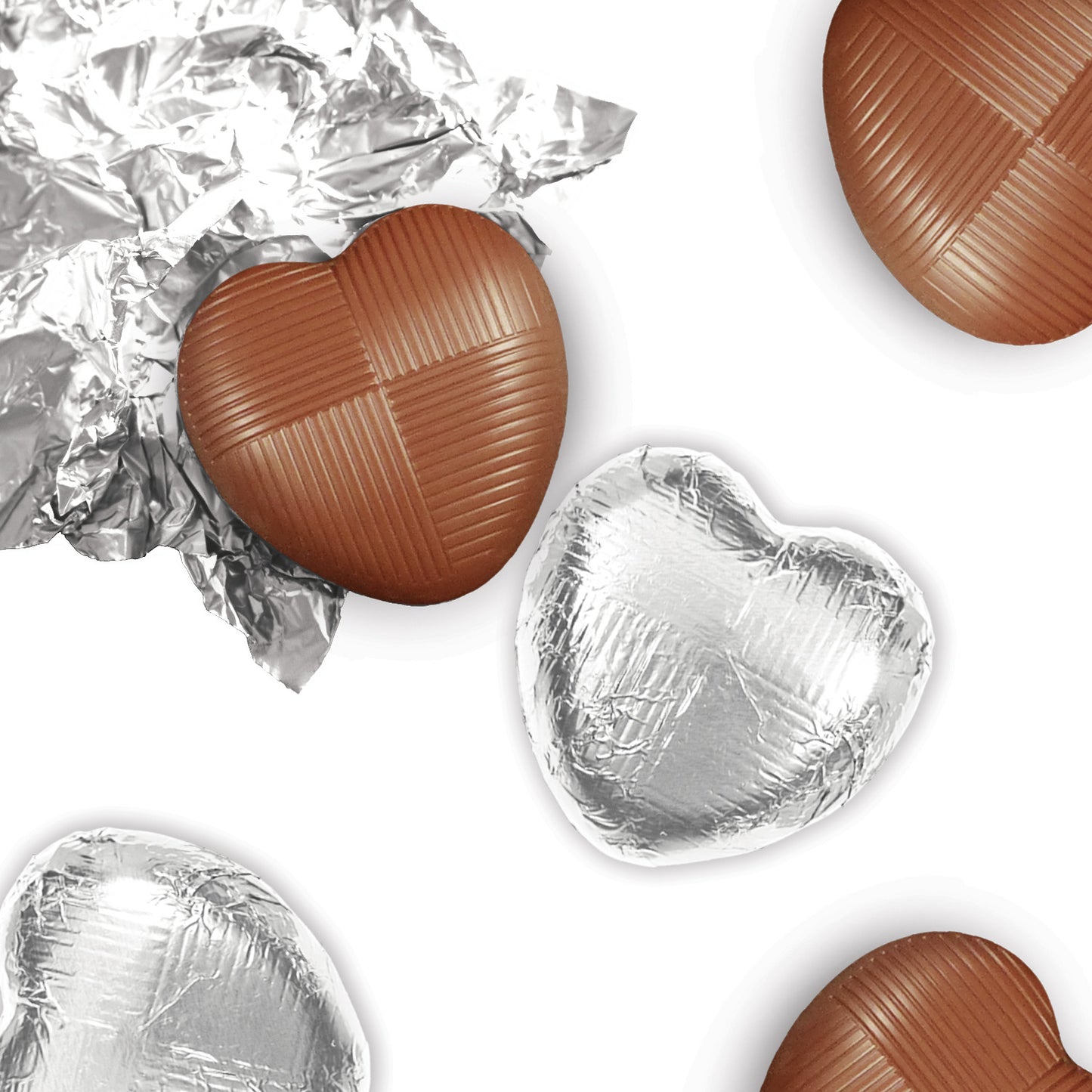 milk chocolate hearts individually wrapped in silver foil packed in 1kg boxes