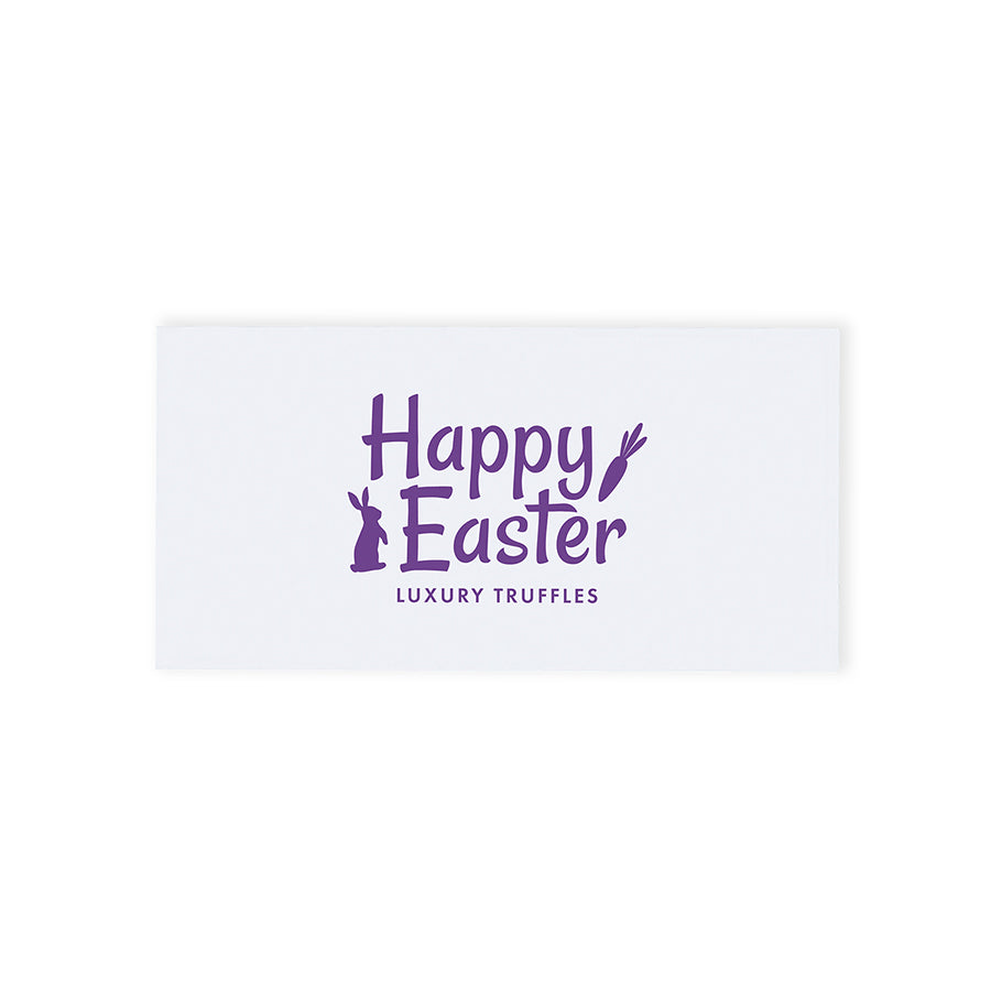 Happy Easter themed white gift box with purple text and bunny images, filled with luxury assorted chocolate truffles