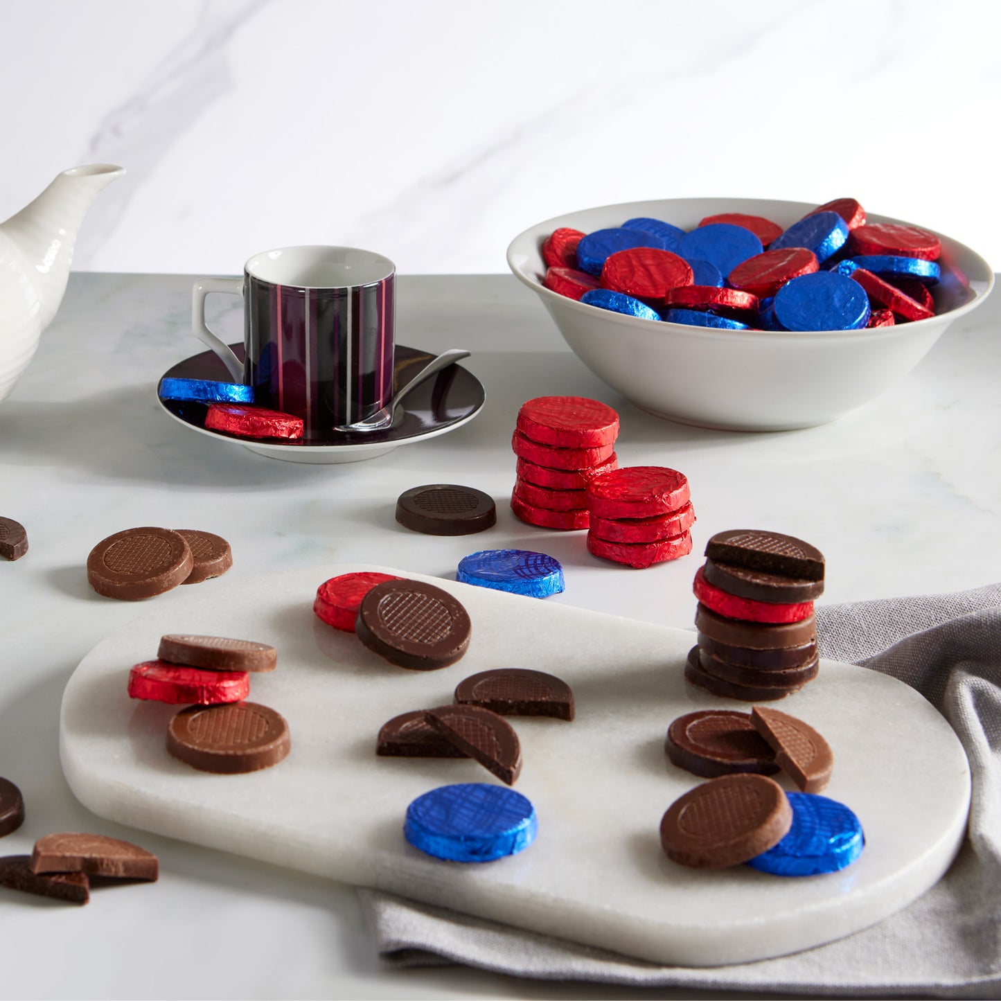 milk chocolate discs encased in luxury blue foil
