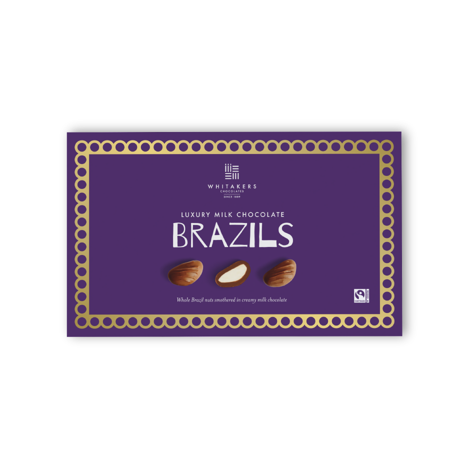 Whitaker's Luxury Milk Chocolate Brazils packaging on a white background