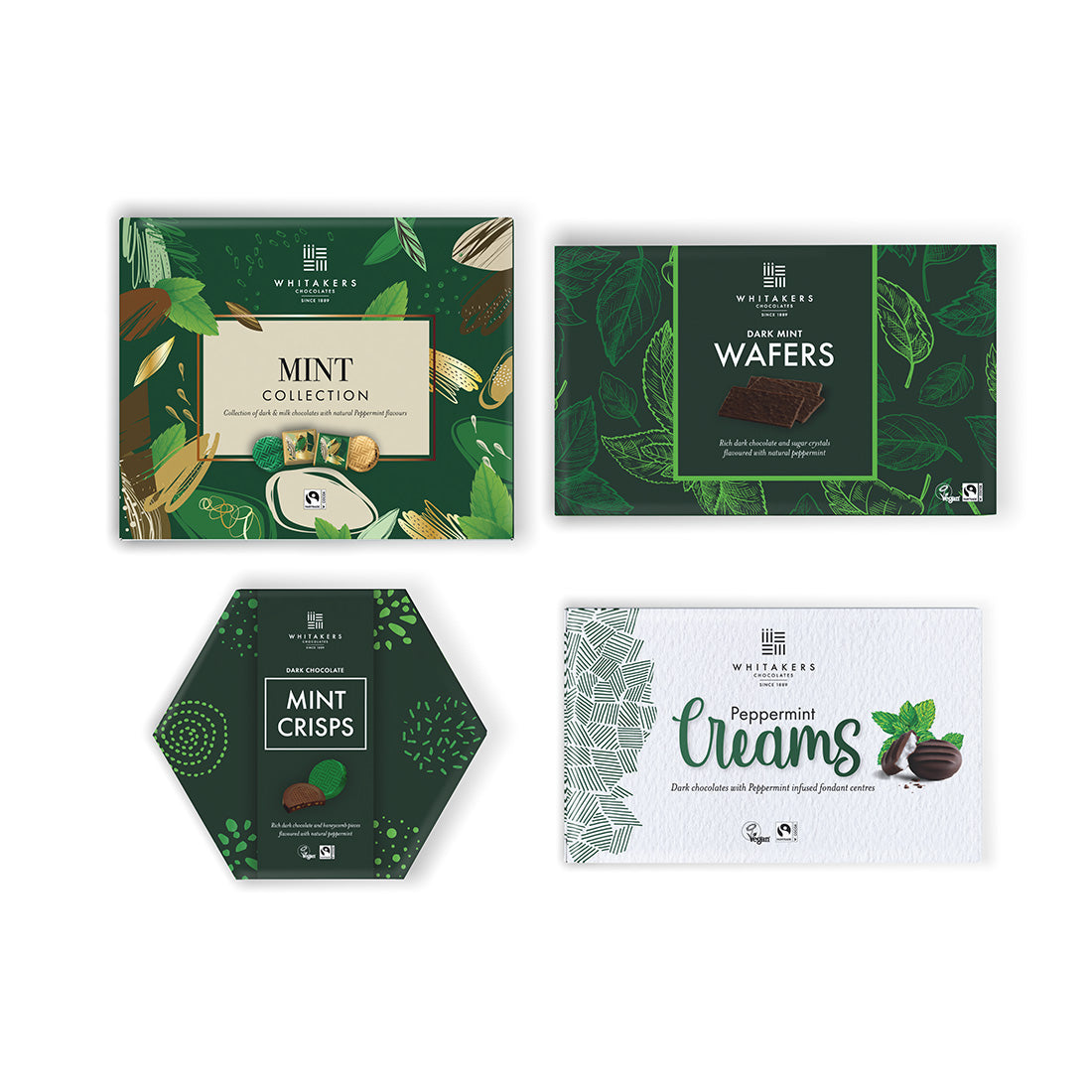 Luxury Tote bag 'Whitakers' chocolate mint lovers hamper filled with dark mint and honeycomb crisps, dark mint wafer thins, milk and dark chocolate mint collection and dark chocolate mint fondant creams