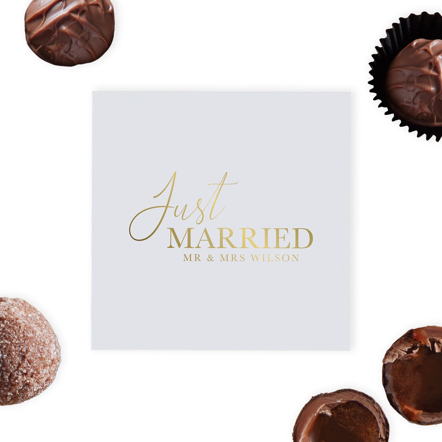 Personalised Wedding Gift Box Favours, elegantly filled with luxurious chocolate truffles and available in sizes ranging from 2 to 24 truffles