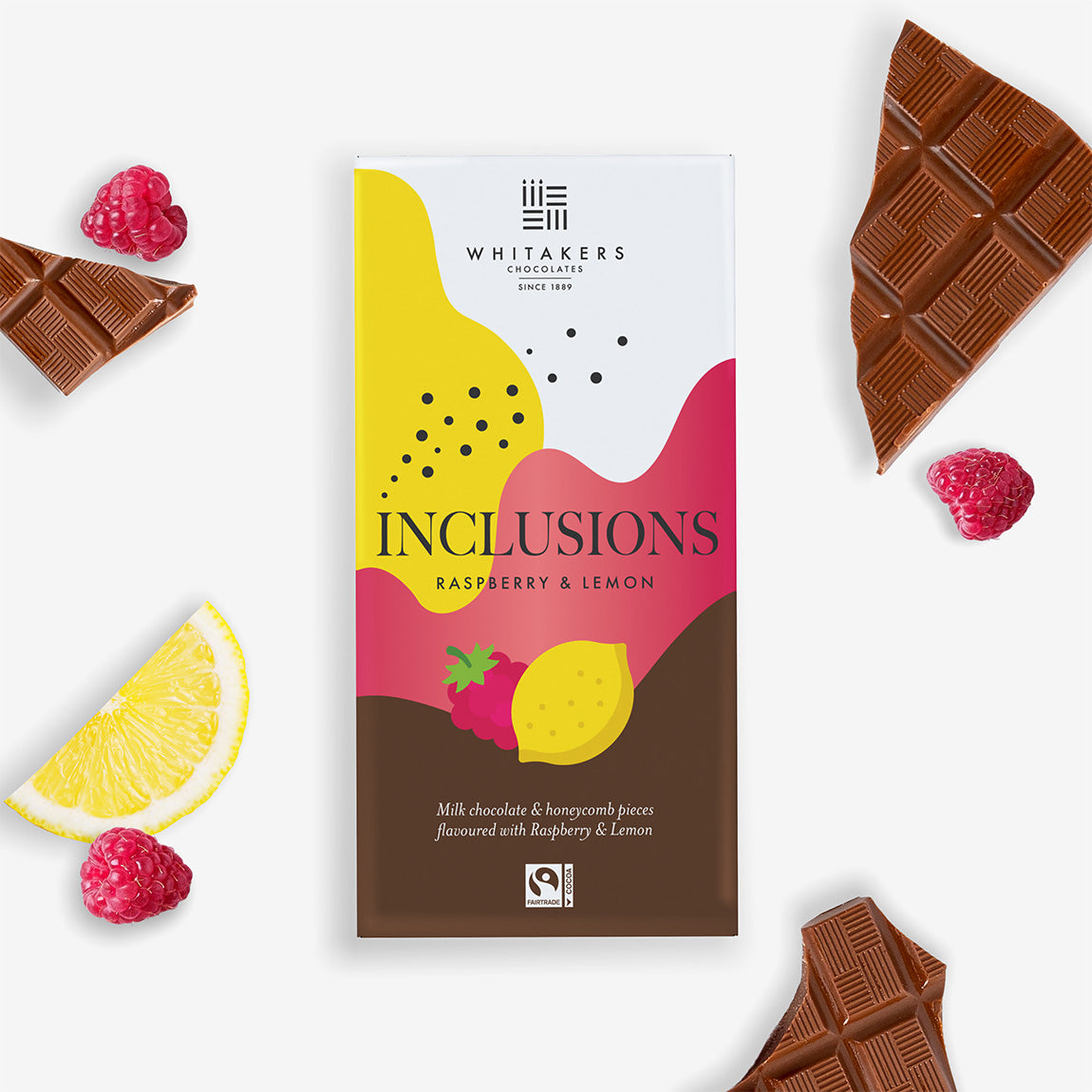 a luxurious 90g Milk Chocolate indulgence, masterfully flavoured with Raspberry & Lemon oil, and filled with the satisfying crunch of honeycomb pieces. Wrapped in our distinctive paper packaging, this bar is a visual and sensory delight, perfectly encapsulating Whitakers commitment to innovation and quality