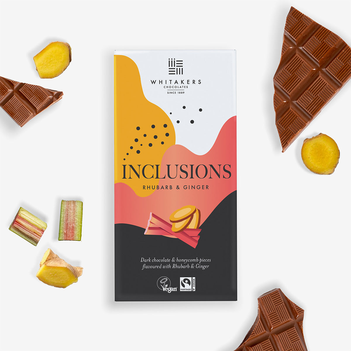 90g Dark Chocolate creation, infused with the gentle warmth of ginger and the tangy sweetness of rhubarb