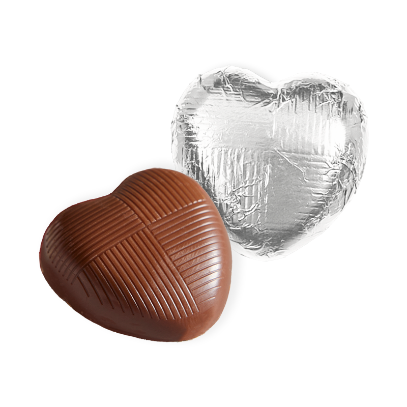 milk chocolate hearts individually wrapped in silver foil packed in 1kg boxes