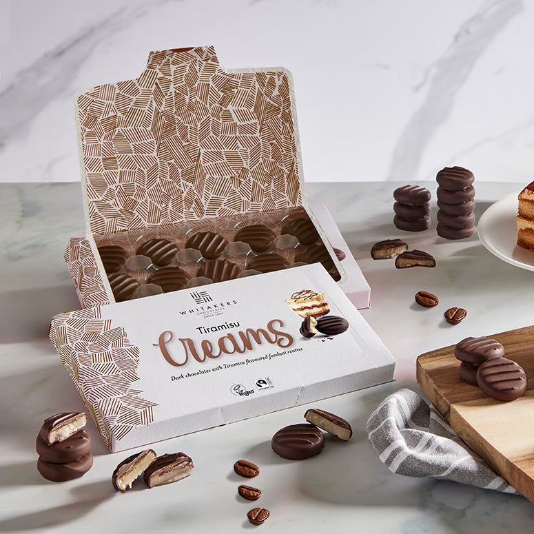 Taste the elegance of our Tiramisu Creams, Dark Chocolates with a coffee & cream Infused Fondant Centre (150g gift box)