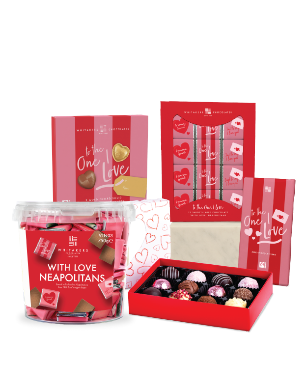 Whitakers chocolate products including a box of chocolates, Neapolitan ice cream, and gift packaging on a white background.