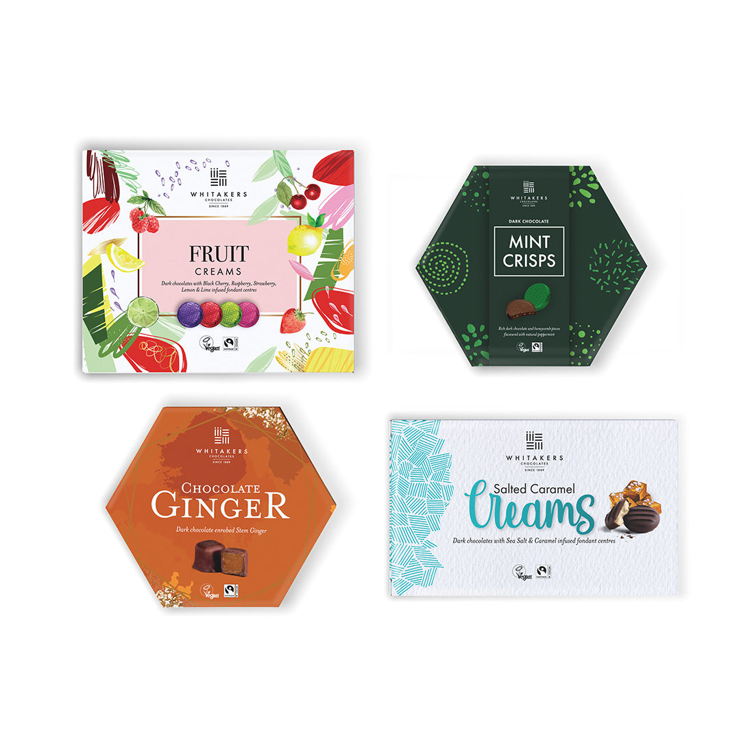 Luxury Tote bag 'Whitakers' chocolate vegan lovers hamper filled with dark chocolate salted caramel fondant creams, dark chocolate covered stem ginger, dark mint and honeycomb crisps and dark chocolate fruit creams collection