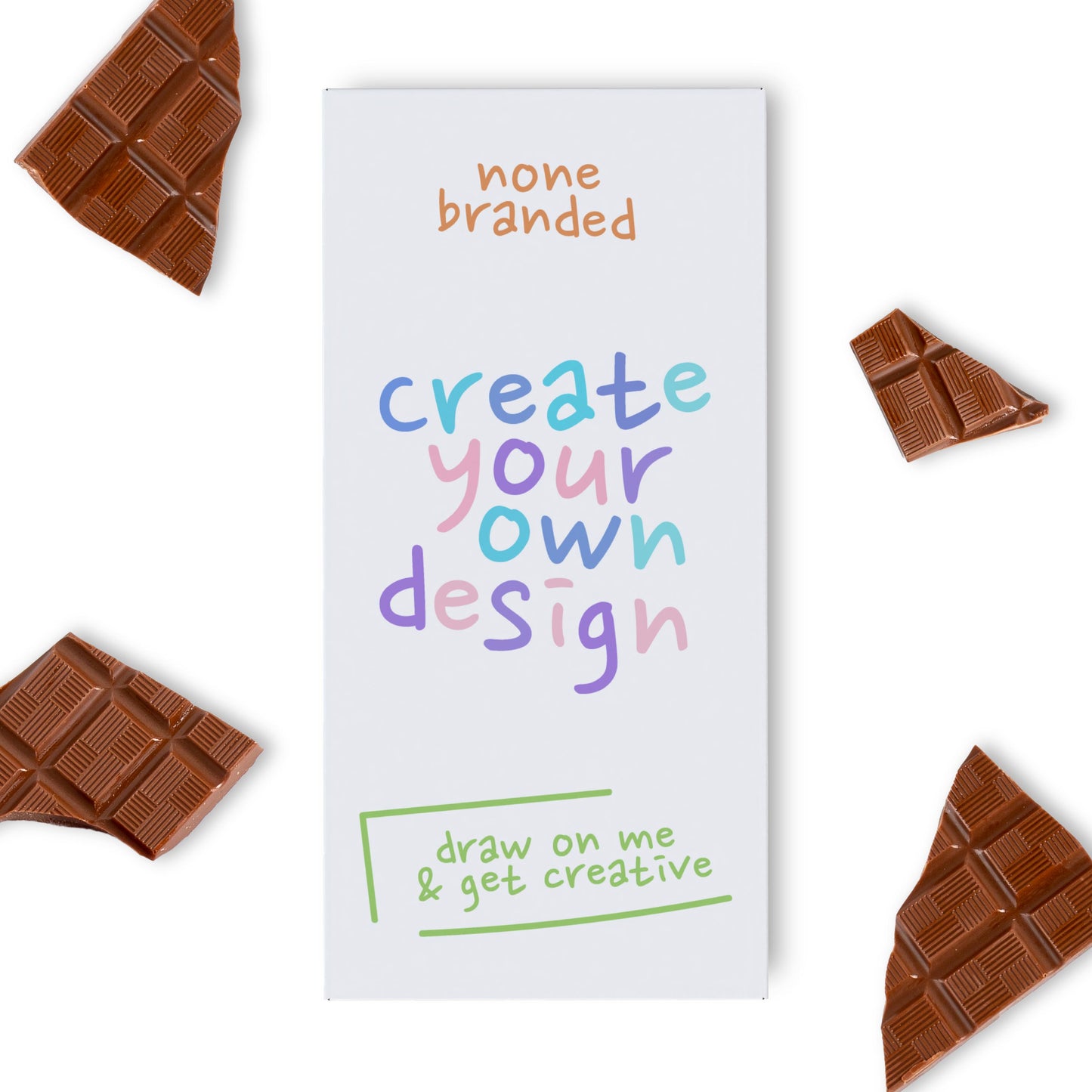 Unleash your creativity with our Blank White Wrapper Milk Chocolate Bar. This 90g treat is encased in a pristine white wrapper, serving as the perfect blank canvas for your artistic flair