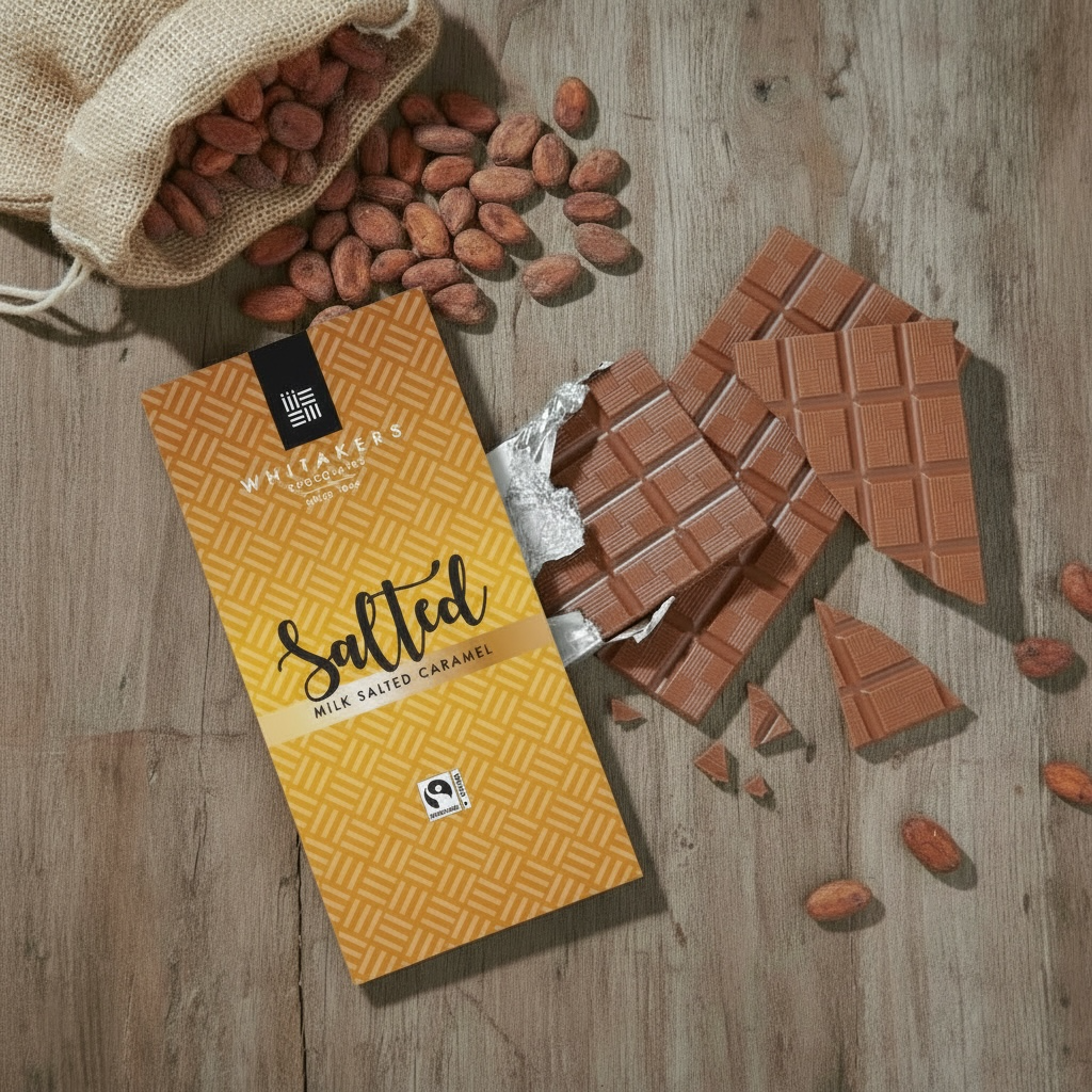 Whitaker's Milk Salted Caramel 90g bar on a rustic wooden background with cocoa pods and broken chocolate scattered