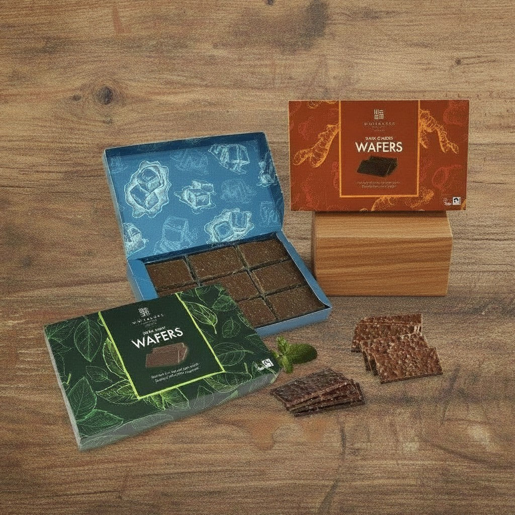 Chocolate wafers in open packaging on a wooden surface