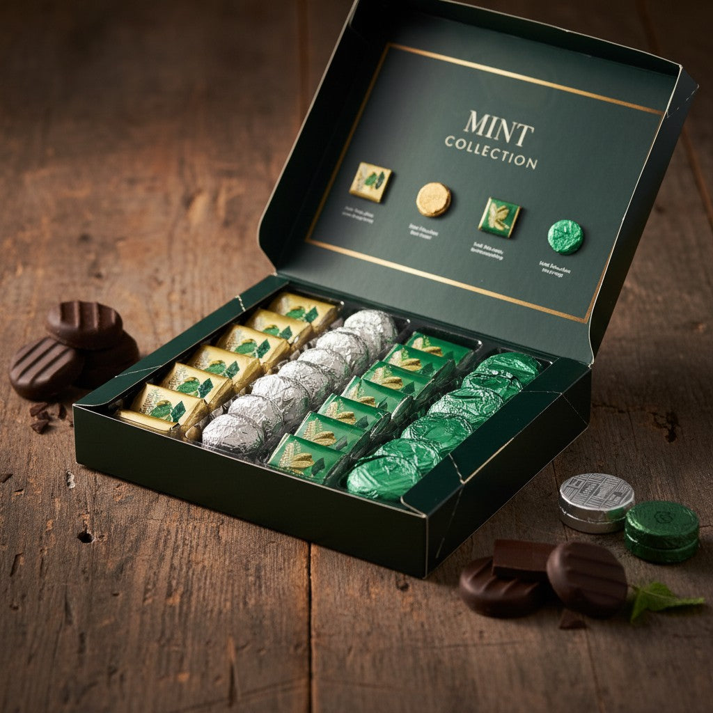 Whitakers chocolates milk and dark mint chocolate collection with an open box on a wooden background