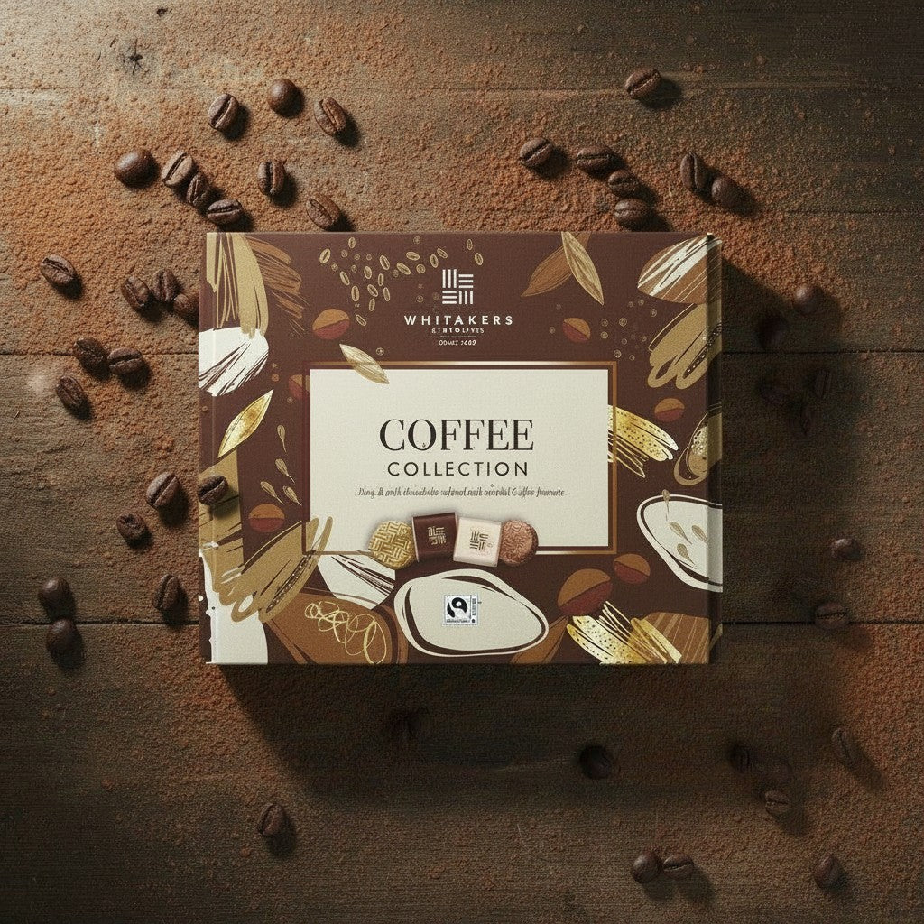 Whitaker's Coffee Collection box surrounded by coffee beans on a wooden surface