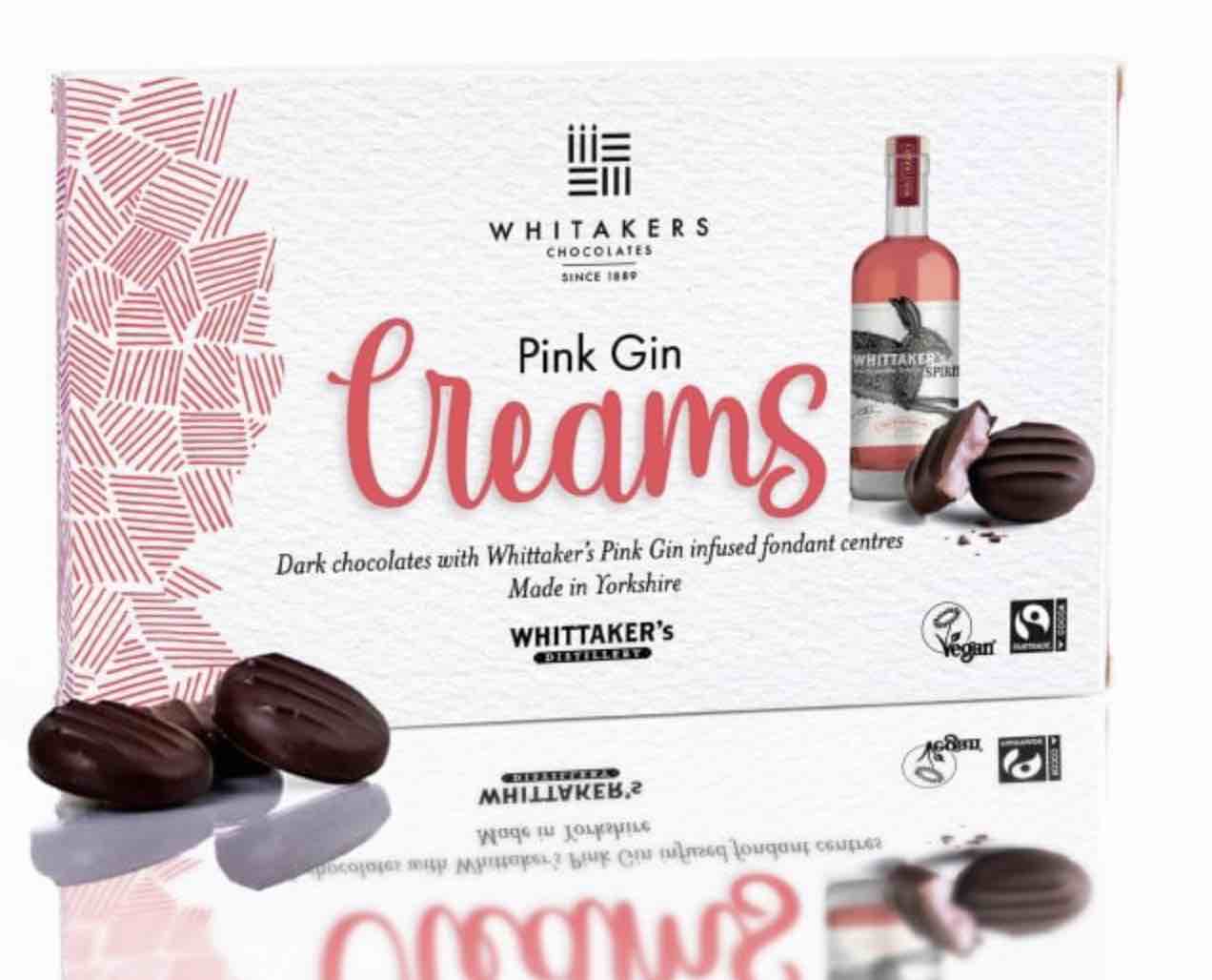 Box of dark chocolate pink gin fondant creams made by Yorkshire company Whitakers Chocolates