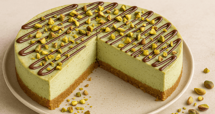 Pistachio Cheesecake Recipe UK with Whitakers Chocolate Drizzle
