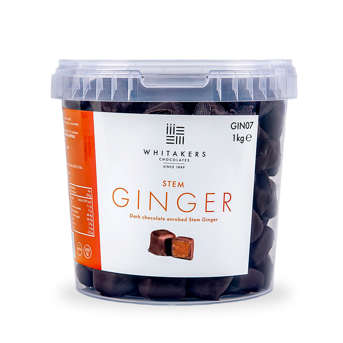 Dark Chocolate Covered Stem Ginger, elegantly encased in a 1kg recyclable tub