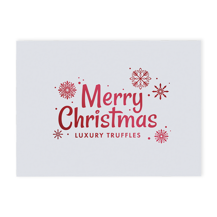 This exquisite white gloss box is beautifully adorned with "Merry Christmas" and delicate snowflakes in radiant red foil blocking, creating a stunning visual appeal that captures the spirit of the holidays.  Inside the box, discover a selection of twenty-four milk, white and dark hand-finished truffles
