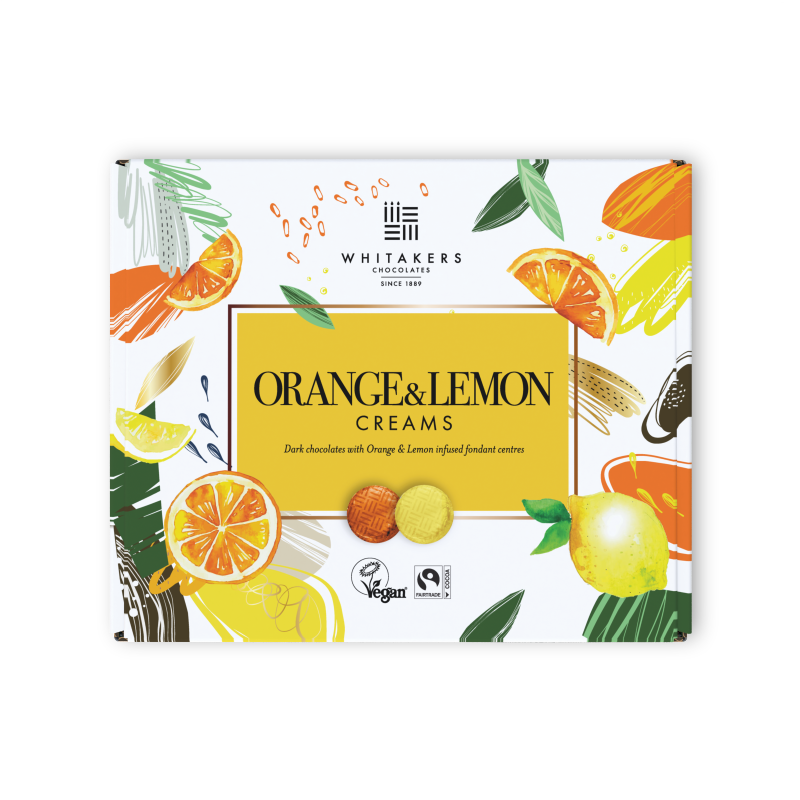 Orange and Lemon Selection Box, where the zest of oranges and lemons beautifully infuses fondant centres, all encased in rich dark chocolate. This vibrant collection brings together 24 individually foil-wrapped chocolate creams in stunning gift boxes