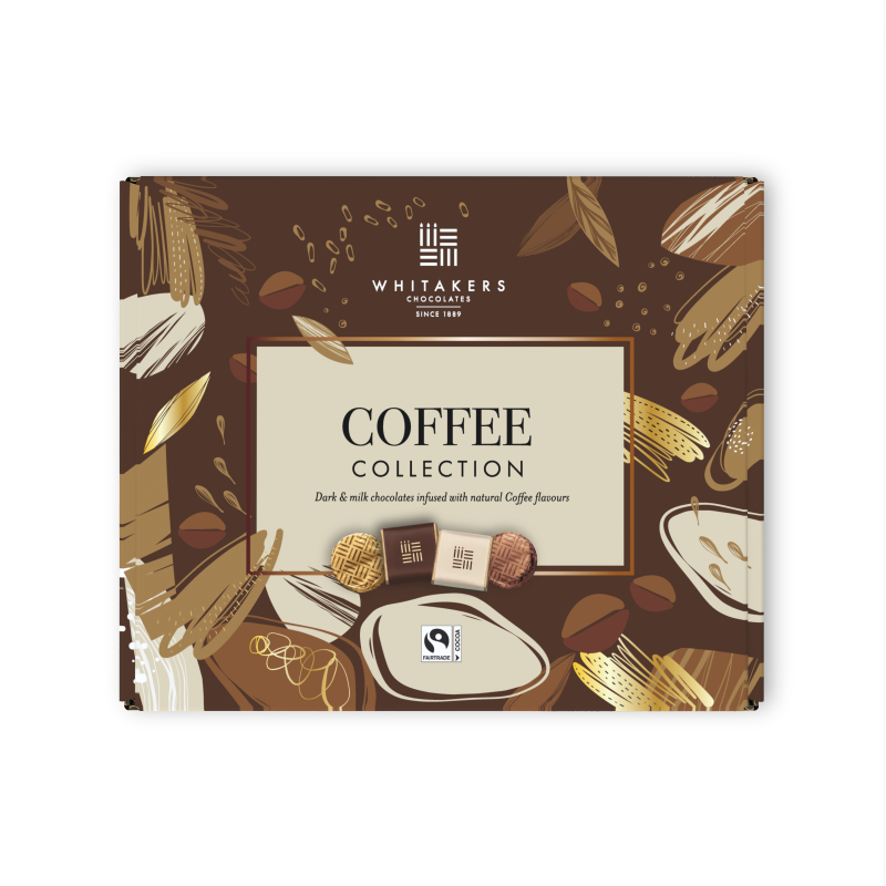 milk and dark chocolate 170g coffee collection gift box, filled with foiled creams, crisps and neapolitan chocolates