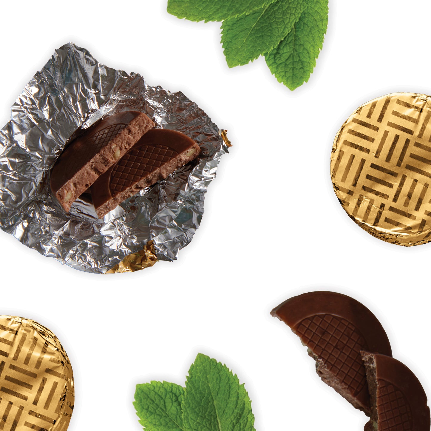 dark chocolate mint crisps individually wrapped in gold foil, packed in bulk 1kg boxes