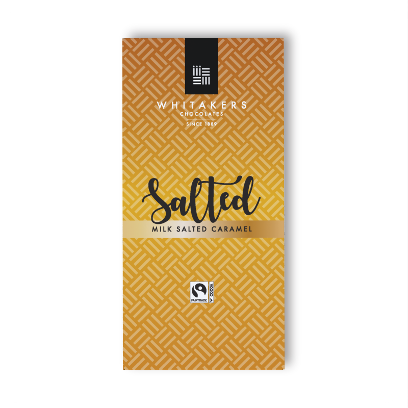 our 90g Milk Chocolate Bars, expertly infused with natural sea salt and caramel, all encased in our distinctive amber Whitakers paper packaging