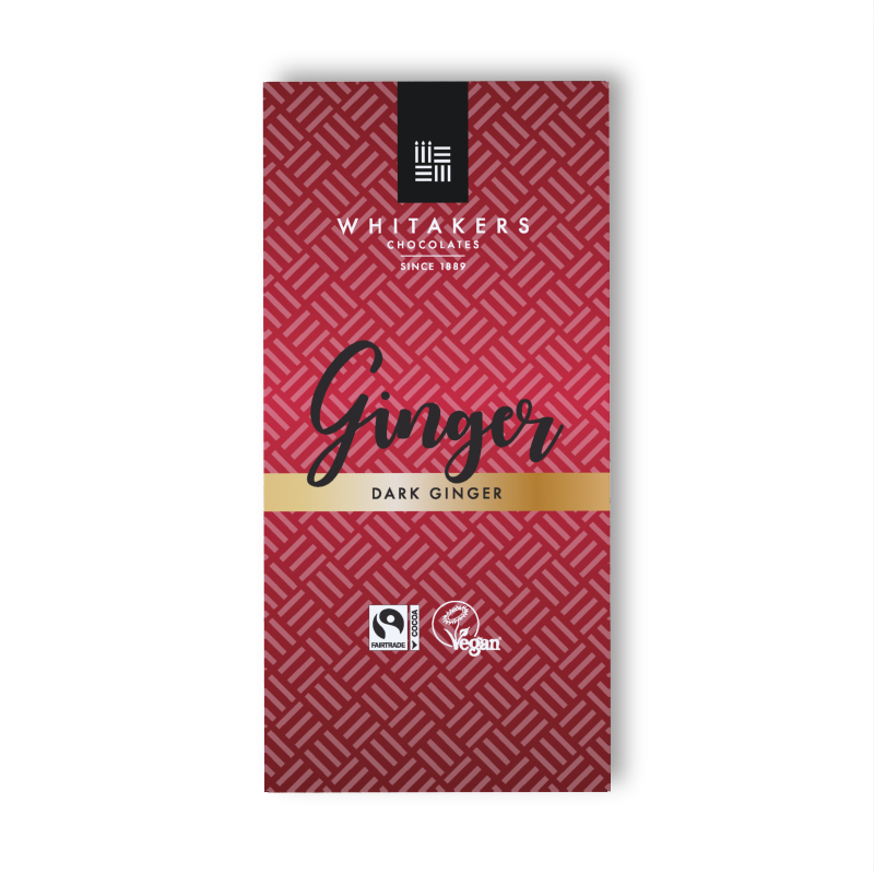 Classic Rich Dark Chocolate Bar, expertly crafted with 55% dark chocolate and infused with natural ginger oil. This luxurious 90g bar is beautifully wrapped in attractive red Whitakers paper packaging