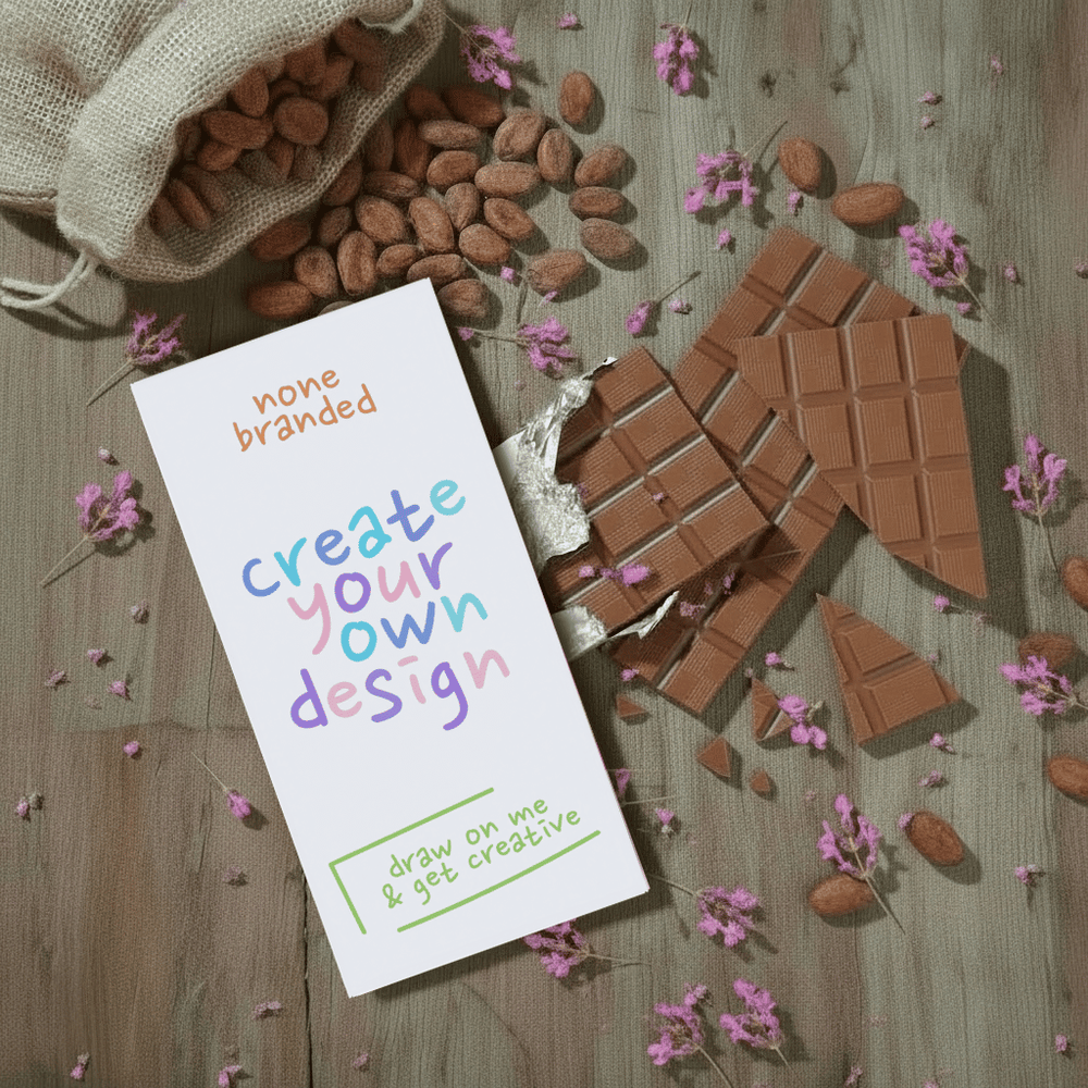 Whitaker's Blank white wrapper (create your own bar design) milk chocolate bar on a rustic wooden background with cocoa beans, pink flowers and chocolate pieces.