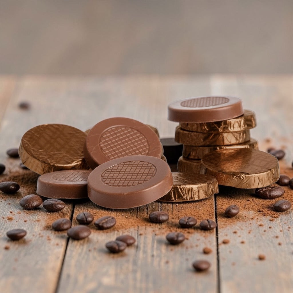 stack of brown foiled milk chocolate and coffee crisps on a wooden background with scattered coffee beans and cocoa powder dusting