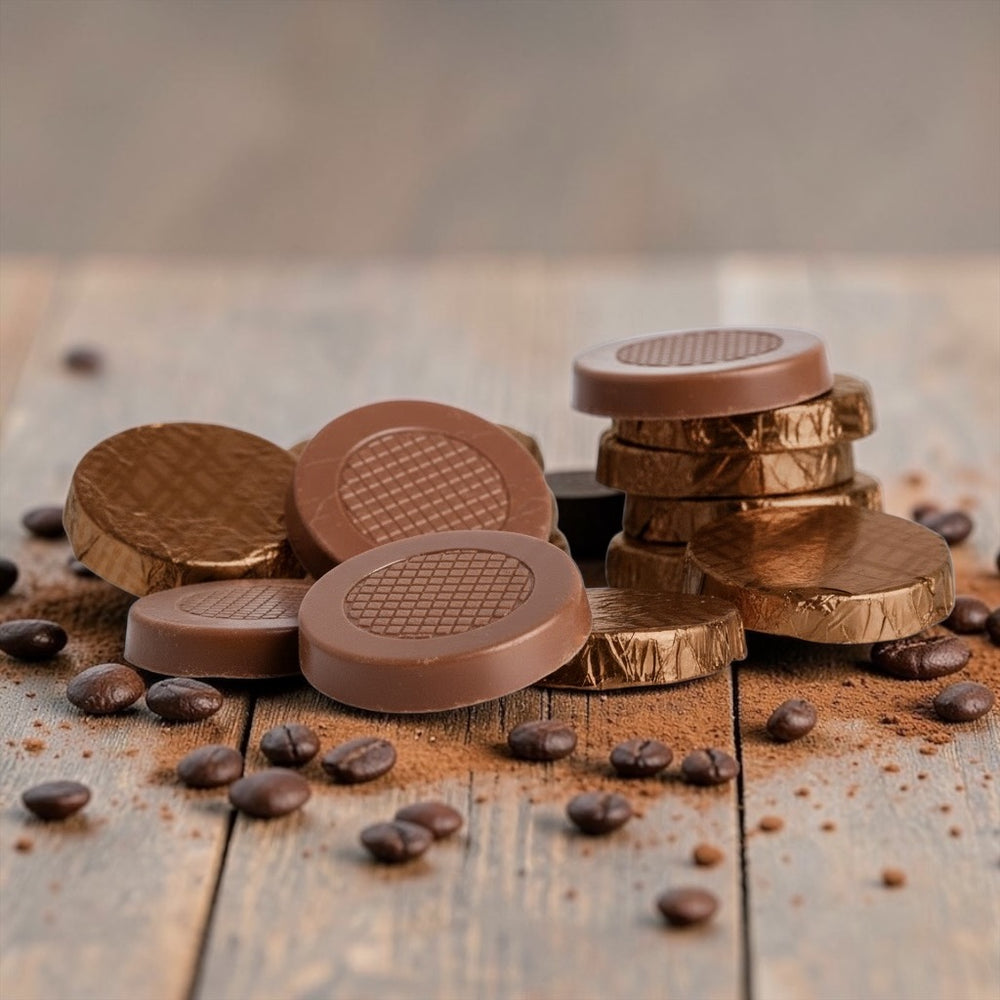 stack of brown foiled milk chocolate and coffee crisps on a wooden background with scattered coffee beans and cocoa powder dusting