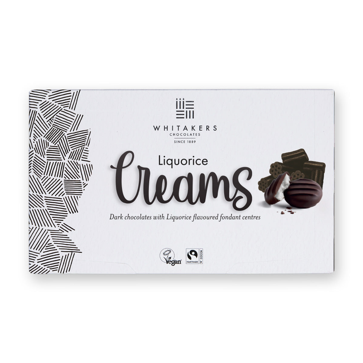 Whitaker's Liquorice Creams chocolate box on a white background