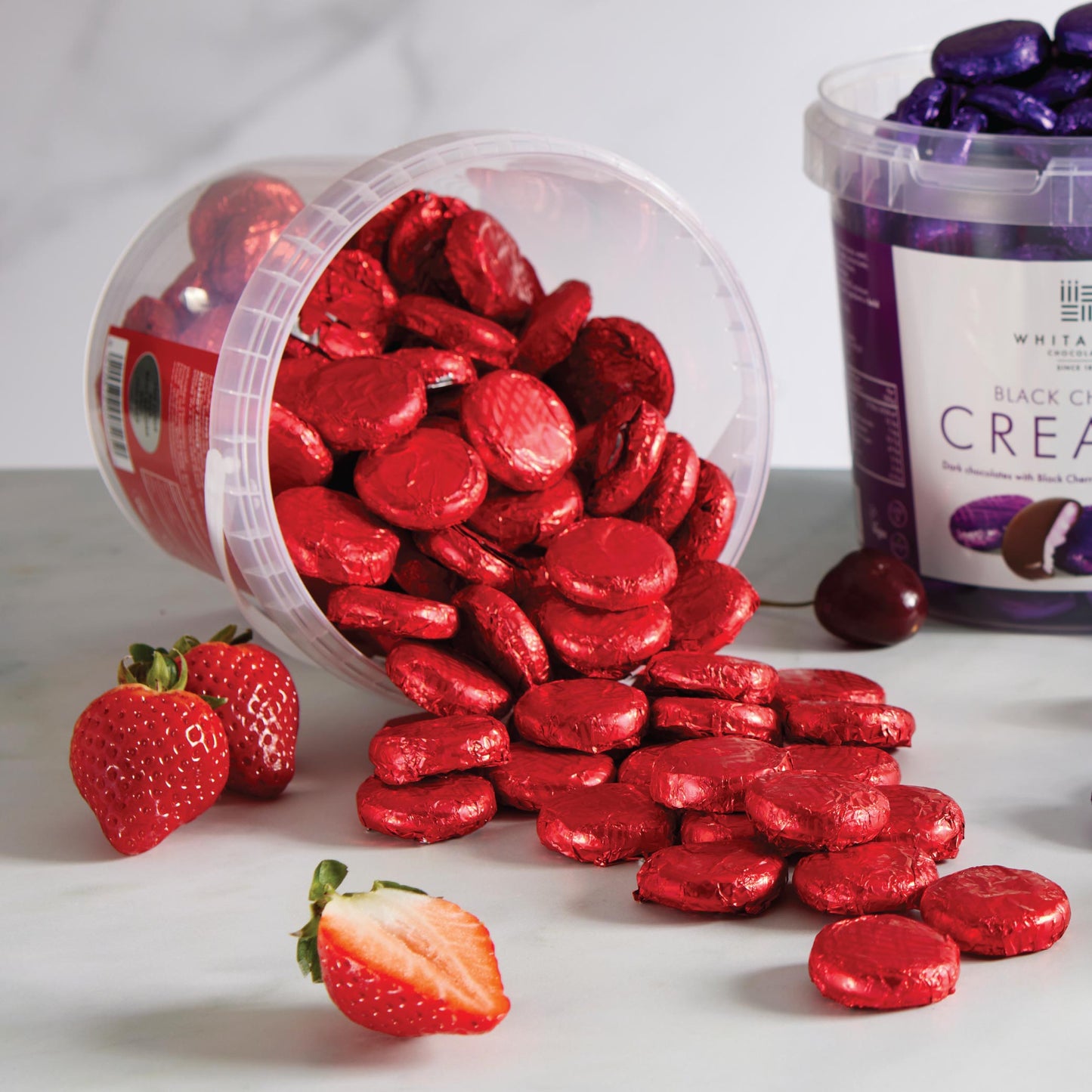 red foiled dark chocolate strawberry cream bulk 1kg tubs