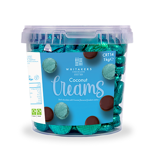 Clear plastic bulk tub of Dark chocolate turquoise foiled Coconut fondant creams by Whitakers Chocolates (1kg) on a transparent background