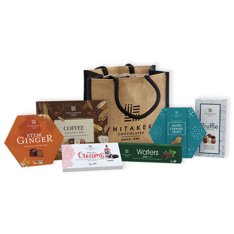 Luxury Tote bag 'Whitakers' chocolate lovers hamper, containing dark chocolate stem ginger, pink gin dark chocolate fondant creams, assorted truffle gift box, dark mint wafer thins, milk and dark chocolate coffee collection & milk salted caramel honeycomb crisps