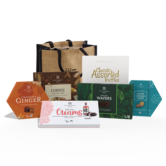 Luxury Tote bag 'Whitakers' chocolate mint lovers hamper filled with milk salted caramel honeycomb crisps, dark mint wafer thins, milk and dark chocolate coffee collection, assorted truffles gift box, dark chocolate pink gin fondant creams and dark chocolate gingers.