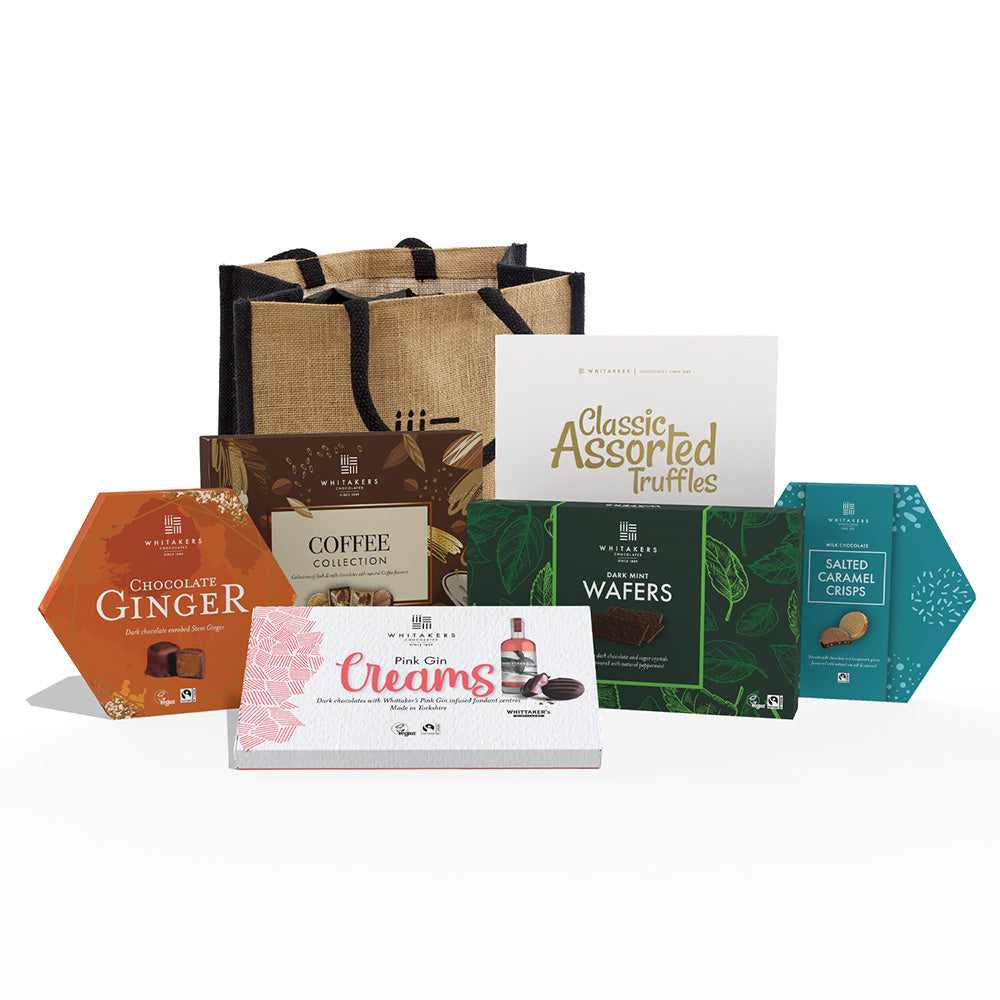 Luxury Tote bag 'Whitakers' chocolate mint lovers hamper filled with milk salted caramel honeycomb crisps, dark mint wafer thins, milk and dark chocolate coffee collection, assorted truffles gift box, dark chocolate pink gin fondant creams and dark chocolate gingers.