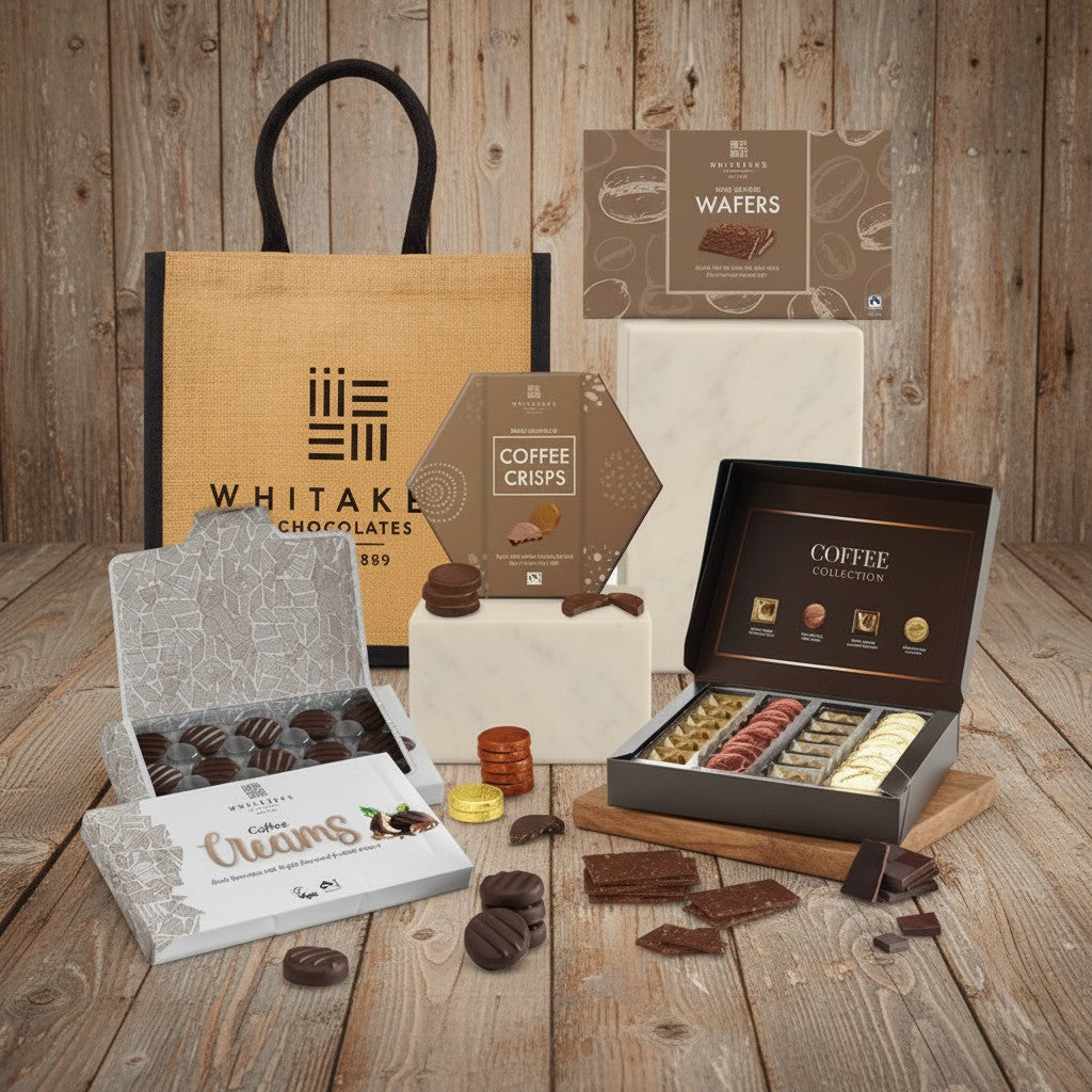 Whitakers Fairtrade coffee lovers chocolate hamper with natural tote bpg on a wooden surface with coffee crisps, coffee creams, coffee collection & coffee wafers boxes