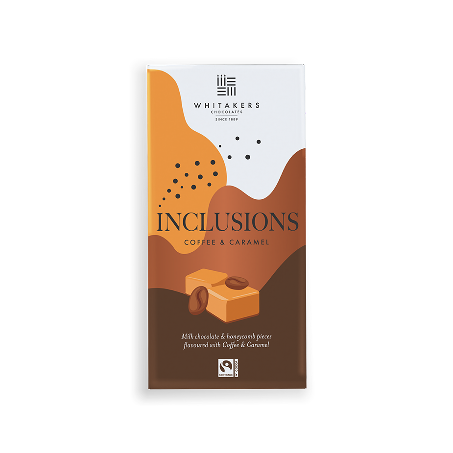 a luxurious 90g Milk Chocolate indulgence, masterfully flavoured with natural coffee and caramel, and filled with the satisfying crunch of honeycomb pieces. Wrapped in our distinctive paper packaging, this bar is a visual and sensory delight, perfectly encapsulating Whitakers commitment to innovation and quality